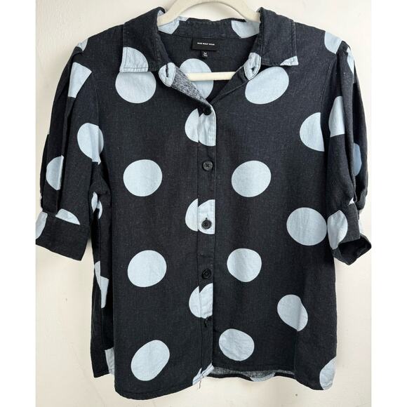 Who What Wear Linen Blend Polka Dot Puff Pleated Sleeve Preppy Button Up Blouse - Picture 1 of 8